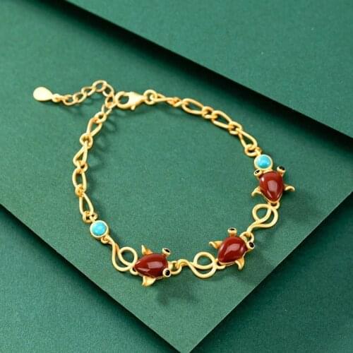 Natural South Red Agate Green S925 Sterling Silver Golden Goddess with Creative Retro Small Fish Goldfish Ladies Bracelet