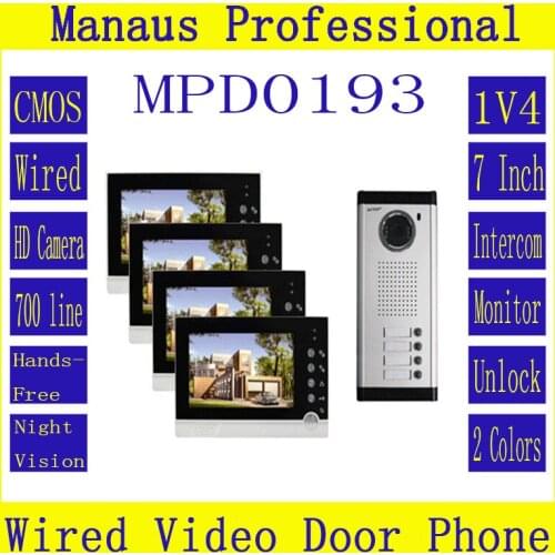 Hot Selling Smart Home 1V4 Intercom System One to Four Video Doorbell 7 Inch Display 6 IR Lamps Cable Visible Interphone D193b