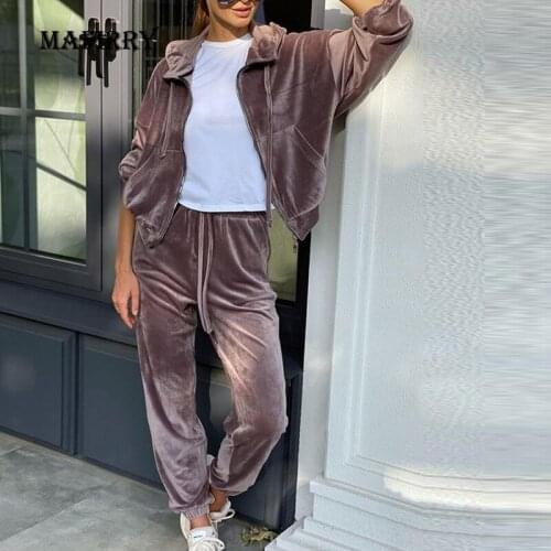 Warm Velvet Women Zipper Coat Outfit Two Piece Set Autumn Female Casual Long Pants Suit Loose Pockets Tops Solid Matching Suit