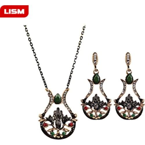 Gorgeous Turkey Bridal Jewelry Sets For Women Vintage Look Colorful Resin Necklace Earrings Set Antient Gold Flower Love Bijoux