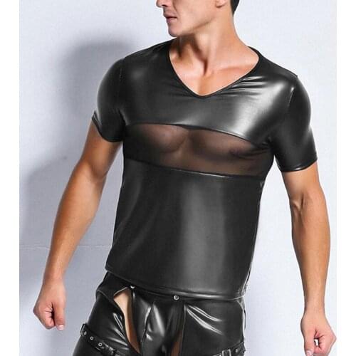 Wetlook Mens T Shirt Patent Leather Tshirts Sexy Men Fashion Tees Tight Shirts Mesh Patchwork Funny Undershirts Gay Fitness Tops