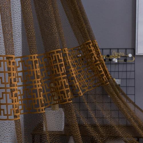 Retro Chinese Style Geometric Embroidered Sheer Curtain for Living Room Transparent Velvet Burnt Out Faux Sliding Door Drapes