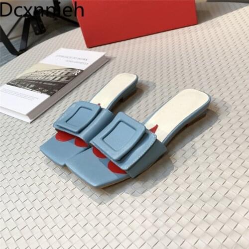 Summer Slippers Women Genuine Leather Designer Brand Shoes Woman Black White Brown Slides Ladies Flats Mules Women 2021 Mujer