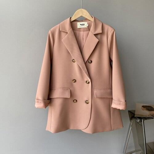 2021 Autumn New Women Long Sleeve Double Breasted Loose Blazer Fashion Pocket Button Suit Overcoat