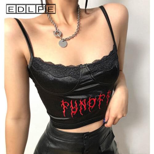 Unif Dark Black Fashion Letter Embroidery Lace Side Suspender Y2k Accessories Cropped Top Cute Tops Women Fairy Grunge