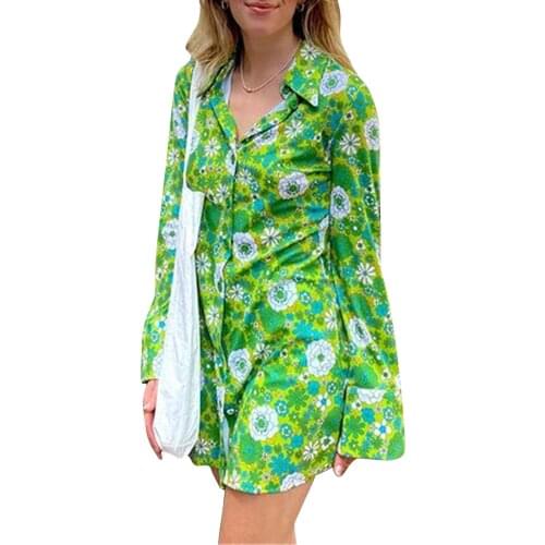Womens Shirt Dress Summer Flower Print Turn-Down Collar Long Sleeve for Ladies Streetwear Short Dresses