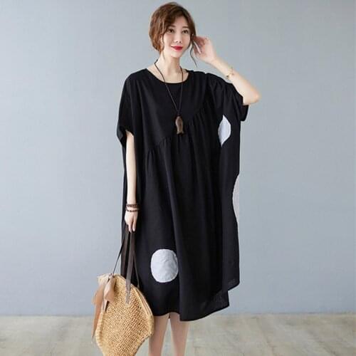 Batwing Sleeve Loose Summer Dress Cotton Soft Print Dot Cozy Women Casual Dress Holiday Beach Style Oversized Dress Sundress