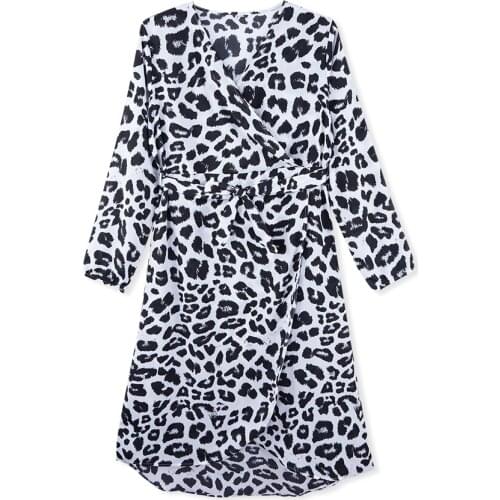 Sexy Leopard V-neck Chiffon Beach Dress Women 2019 Clothes Long Sleeeve OL Style High Waist Drawstring Dresses Female