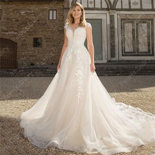Charming Summer Scoop Tulle A-line Wedding Dresses Cap Sleeve 2020 Lace Appliques Bridal Gowns Long Bride Dress Vestido de Novia
