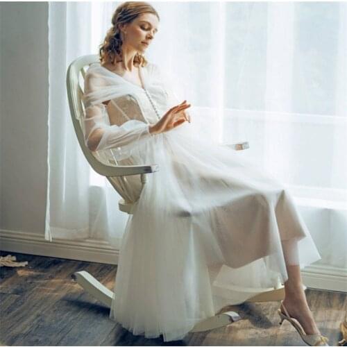 Off-Shoulder Tea Length Wedding Dress 2021 Elegant Simple V-Neck Long Sleeve A-Line Bridal Gowns vestidos de mairee Wedding