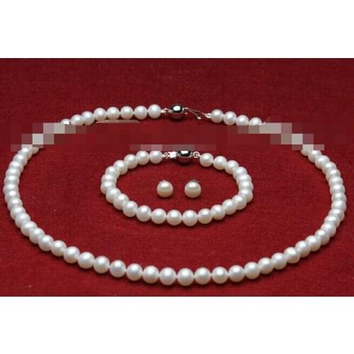 Free shipping charm Jew.657 AAA sets 7-8mm white freshwater cultured pearls necklace bracelets earrings