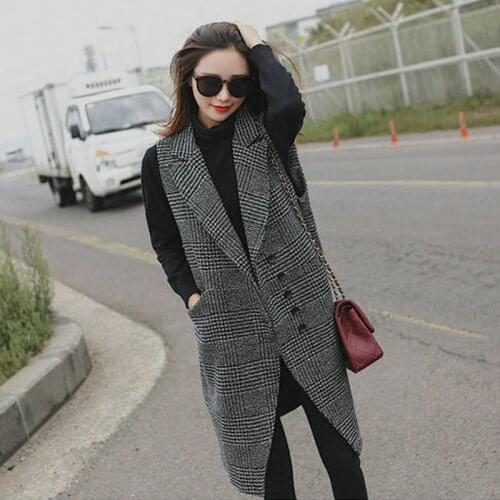 Vest Female Autumn and Winter Long Plaid New Korean Temperament Sleeveless Woolen Blazer Jacket Waistcoat Outwear MH299