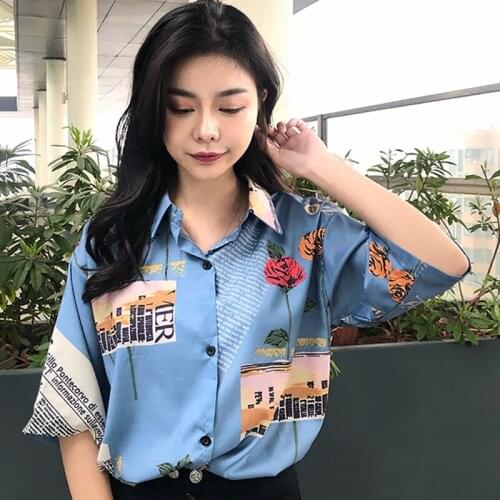 Summer Girls Retro Sweet Blouse Rose Print Short Sleeve Blouses Polo Shirts Women Floral Chiffon Blouse Loose Top Girl
