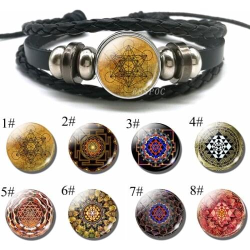 Buddhist Mandala Braided Tibetan Metatrons Cube Black Leather Woven Button Bracelets Glass Dome Jewelry Women Men Gifts