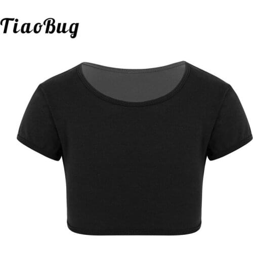 TiaoBug Kids Teens Solid Color Cotton Short Sleeves Gym Yoga Sports Tops Children Girls Gymnastics Ballet Crop Top Dance Costume