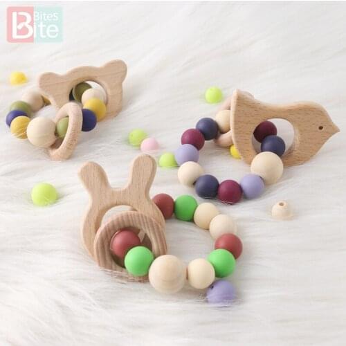 Bite Bites 1pc Baby Silicone Teething Bracelet Rabbit Silicone Beads Round Natural Wood Ring Food Grade Silicone Baby Teether