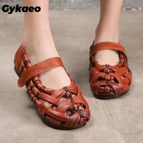 Gykaeo Weave Sandals Genuine Leather Women Shoes 2021 New Summer Hook Loop Retro Sewing Flat with Casual Ladies Platform Sandals