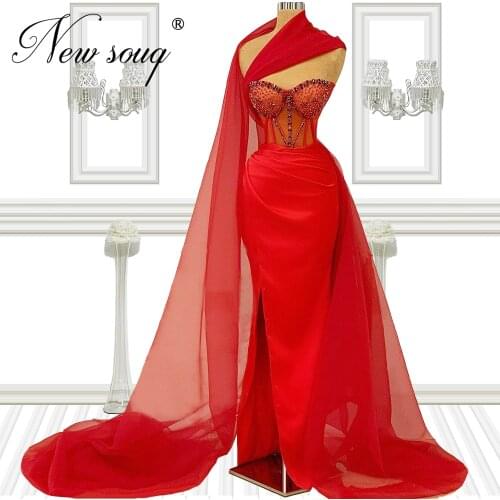 Kaftan Red Tulle Evening Gowns 2021 Customized Robes Dubai Prom Dresses One Shoulder Party Dress Dubai Arabic Beading Prom Dress