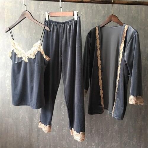 Women Pajamas Set Casual 4PCS Sleepwear Velvet Pijamas Suit Loose Kimono Bathrobe Gown Sexy V-neck Lace Nightwear Home Clothes