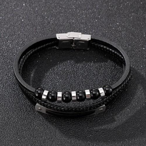 HaoYi Punk Three Strand Braided Rope Chain Stainless Steel Beads Mens Charm Bracelets On Hand