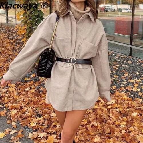 Klacwaya 2021 Women Fashion Solid Color Shirt Style Jacket Vintage Oversized Pocket Hidden Button Female Autumn Street Outerwear