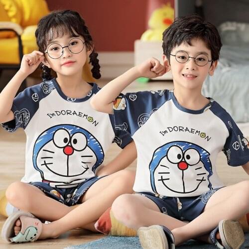 Doraemon 2021 Pure Cotton Japanese Cartoon Summer Children Pajamas For Boys Girls Suit Short Sleeve Kids Clothing Sets Fashion