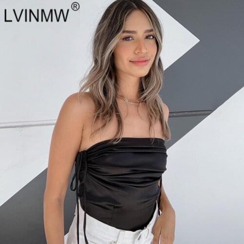 LVINMW Strapless Lace Up Shirring Skinny Black Tank Tops Women Sexy Slim Backless Summer Crop Top Solid Casual Fashion Outfits