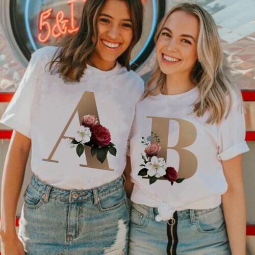 Fashion 26 Alphabet Letter Women T-shirt Girl A To Z Alphabet Flower Tshirt Tops Short Sleeve Casual Korean Style Tops Drop Ship