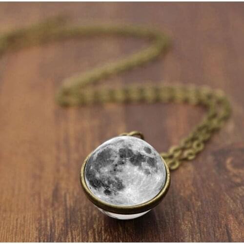Fashion Women Men Double-sided Grey Full Moon crescent Glass Ball Pendant Necklace Jewelry