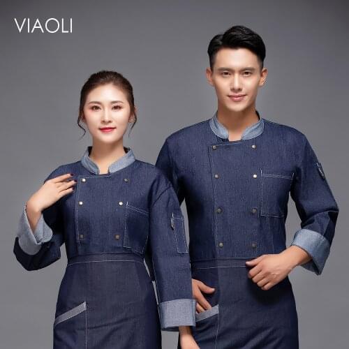 Customizable High quality chef Thick denim cooking uniform restaurant breathable chef uniform baking chef long sleeve uniform