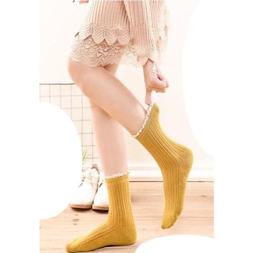 Women Solid Cotton Crew Socks Girls Lace Ruffles Short Socks Ankle Socks Autumn Winter Warm Pink White Long Socks 5 Pairs/lot