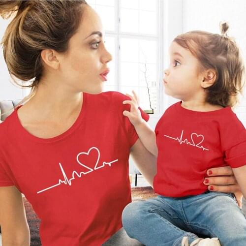 Family Matching Outfits Family Look Short Sleeve Soft White Black Red Fashion Heartbeat Mommy and Me Clothes Tshirt