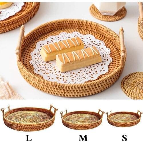 Hand-Woven Rattan Storage Trays Round Storage Basket Fruit Snacks Organizer With Handle Plate Kitchen Storage Breakfast Baskets