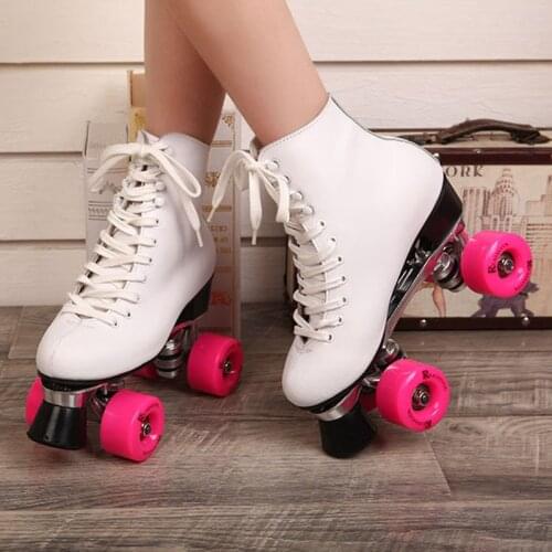Full leather figure skating roller skates middle-heel double PU rollers sepcial brake easy balance for beginners 5-10 size