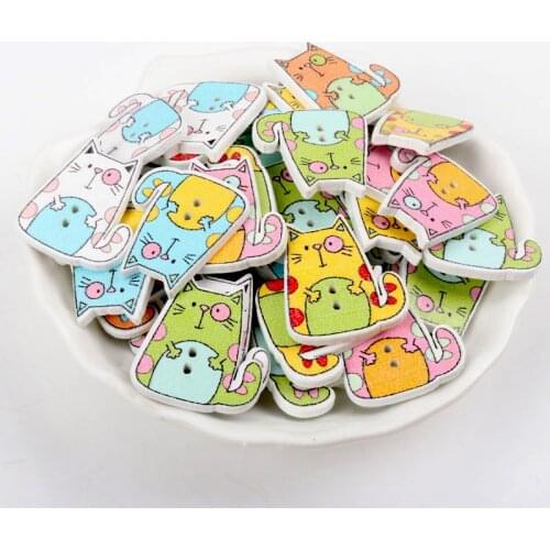 2017 mixed 6colors cat Painted Colorful Wooden Buttons Scrapbooking Decorative Craft 2 Holes Sewing Supplies 22x25mm 20pcs