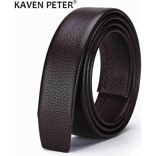 Mens Genuine Leather Automatic Belt Without Buckle Top Grain Leather Black Soft Male Ratchet Strap 3.4 CM No Buckle