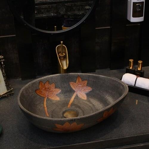 Carved antique art ceramic washbasin bathroom Art sink Leaf Style