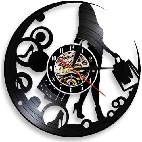 Shopaholic Lady Vinyl Clocks Girl Young Woman Lady Shopping Bags Vinyl Record Wall Clock Fashion Led Wall Light Watch Room Decor