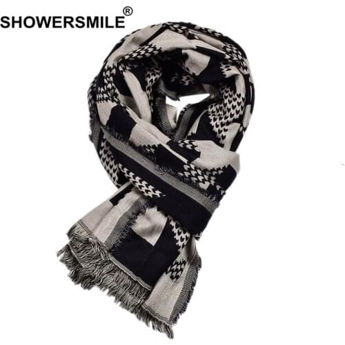 SHOWERSMILE Winter Men Scarf Black Cotton Linen Fashion Scarf for Men Tassel Geometric Print 2021 new arrival Brand Men Scarves