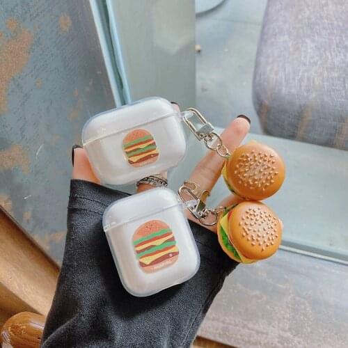 Cute Funny 3D Hamburg Keychain Case for AirPods 2 Charging Shell Earphone Protection Cover for Airpods Pro 3 Transparent