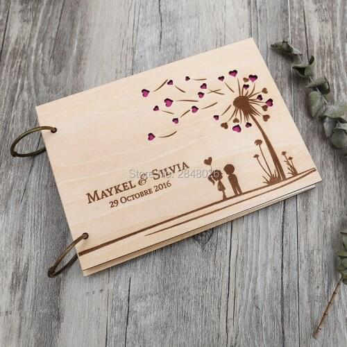 Rustic personalized wedding guest book,Custom Dandelion wooden Wedding guestbook, personalized name and date photo album