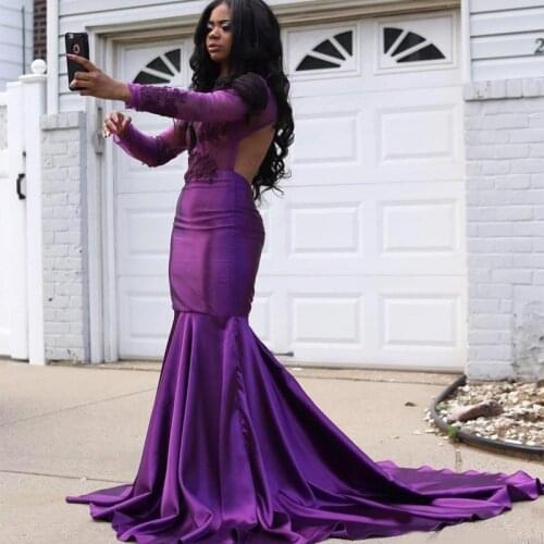 2020 African Long Sleeves Evening Dresses High Neck Mermaid Open Back Lace Applique Prom Gowns