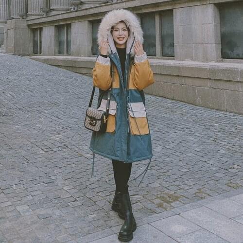Female Coat Winter 2020 Big Fur Collar Stitching Workwear Hooded Parker New Korean Thick Warm Loose Casual Women Jacket B20