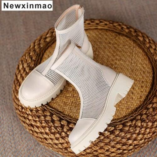 New Round Toe Shoes Woman Platform Square Heels Ankle Boots Female Genuine Leather Summer Spring Working Basic Summer Boots