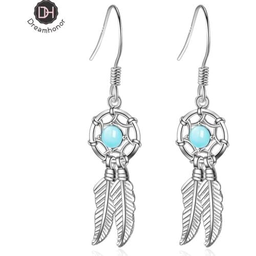 Dreamhonor Elegant Simple Blue Bead Ear Hook Ethnic 925 Sterling Silver Dream Catcher Drop Earrings For Women Fashion Jewelry