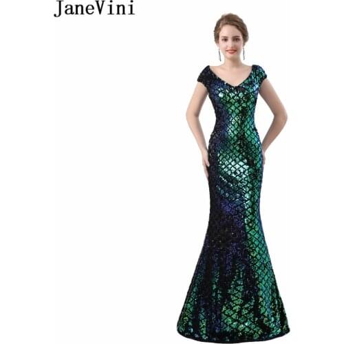 JaneVini Shiny Long Mermaid Mother of The Bride Dresses Floor Length V Neck Illusion Back Women Sexy Formal Evening Party Gowns