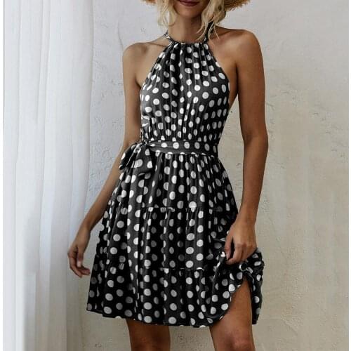 2020 Fashion New Dress Women Summer Sexy Sleeveless Ruffled Halter Dots Print Waist Belt A Line Mini Women Dress Loose Sundress