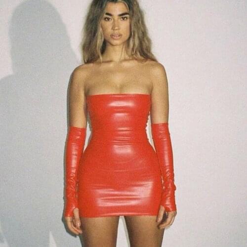 2021 Spring PU Leather Strapless Slim Dress Women Removable Long Sleeve Skinny Bodycon Backless Dress Street Fashion Clubwear