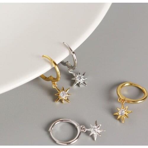 12MM*21MM small 1pair 100% Authentic 925 Sterling silver Gold White Zircon Star hoop Huggie earrings FINE jEWELRY TLE599