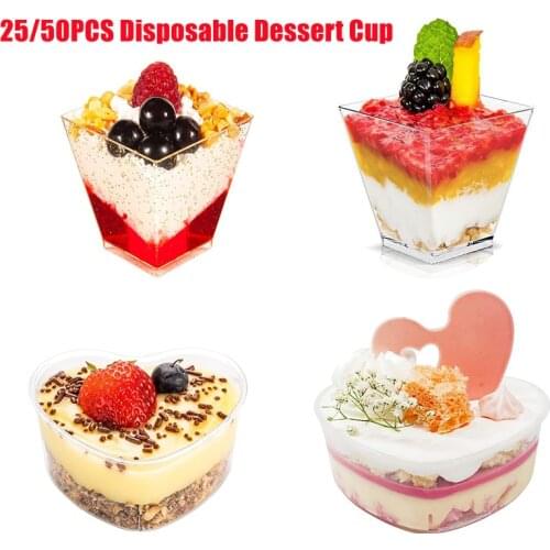 25/50 Pcs Dessert Cup Plastic Tableware Transparent Mini Cake Jelly Cup Fruit Salad Container Holder Party Supplies